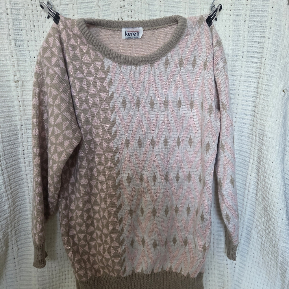 keren Women's Pink and Beige Patterned Sweater
